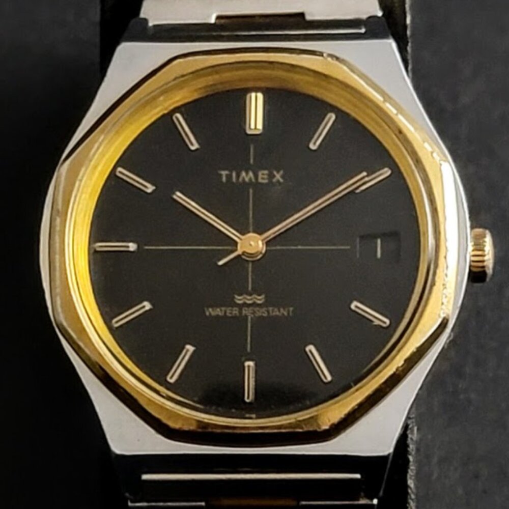 Vintage Timex Royal Oak Mechanical Men's Watch – Black Dial – Gold Bezel